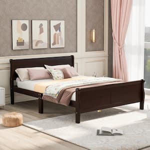57 in. W Espresso Full Solid Wood Sleigh Bed with Headboard and Wood Slat Support