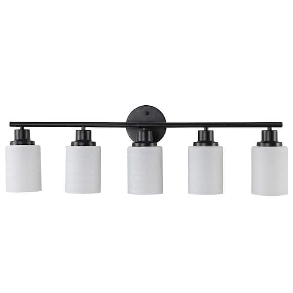 VEVETTA 31.5 in. Modern 5-Light Bathroom Vanity Light, Frosted White Glass with Black Iron Frame (Bulb Not Included)