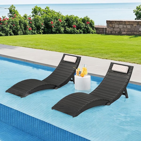 Sally Black Folding 1-Piece HDPS Plastic Outdoor Chaise Lounge with Cushions-Up to 11 in. Deep