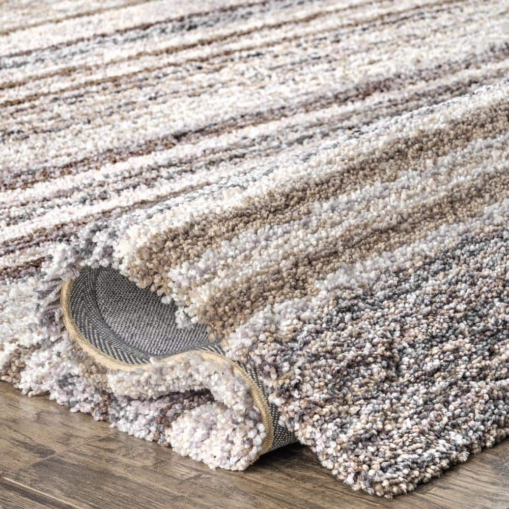 Beige Striped Handmade Shag Area Rug 9' x 12'