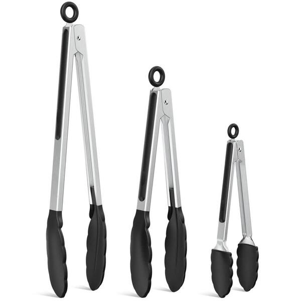 7 in. 9 in. 12 in. Stainless Steel Cooking Tongs for Grilling, BBQ, Serving Salad, Pasta, and Kitchen, Black (1-Pack)