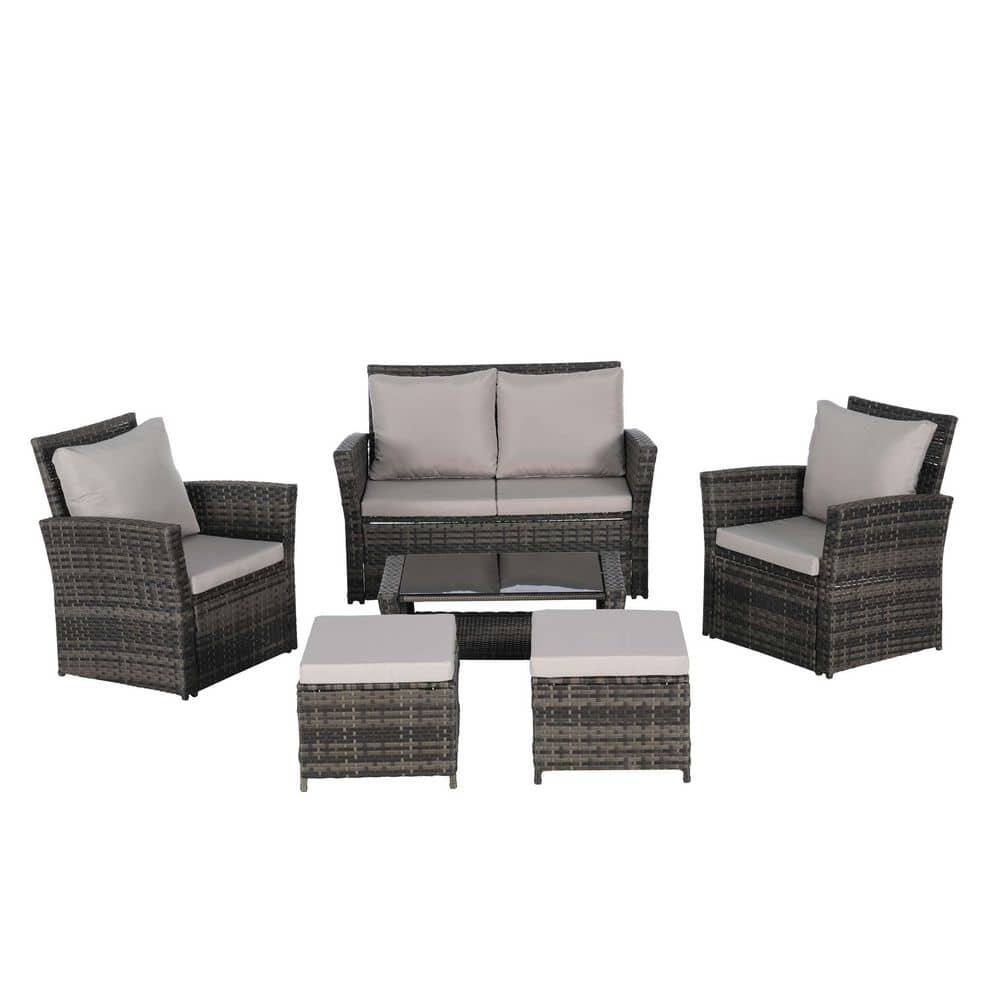 6-Pieces Wicker Patio Conversation Set, Outdoor Furniture with Light Gray C