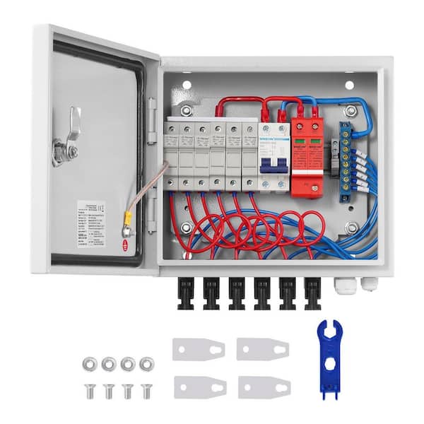 6 String PV Combiner Box DC 500-Volt with 15A Fuses 125A Breaker 40kA Surge Protection IP65 Steel Enclosure