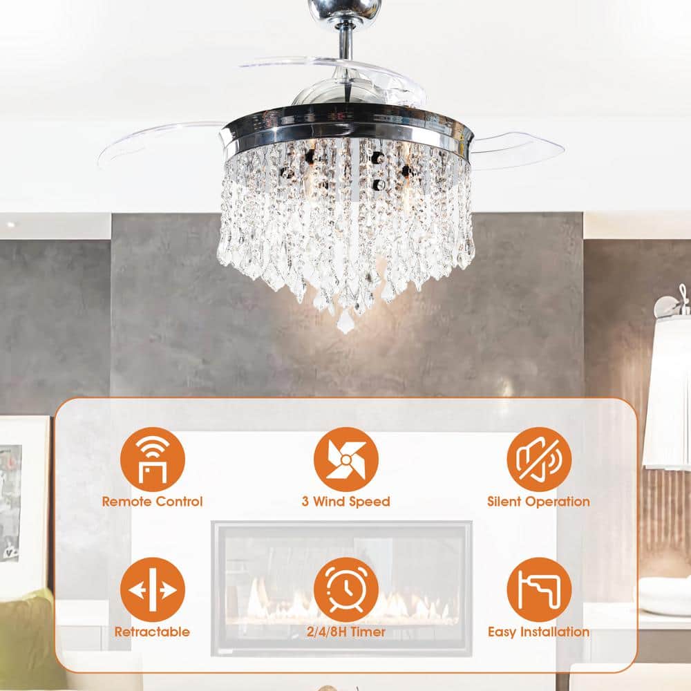 Mateo 42" Chrome Retractable Ceiling Fan Chandelier with Remote