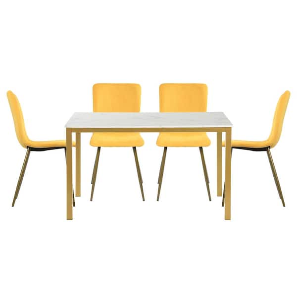 Homy Casa Brandt Scargill Yellow 5 Pieces Rectangle Faux Marble Dining Table Chair Set With 4 Upholstered Dining Chair