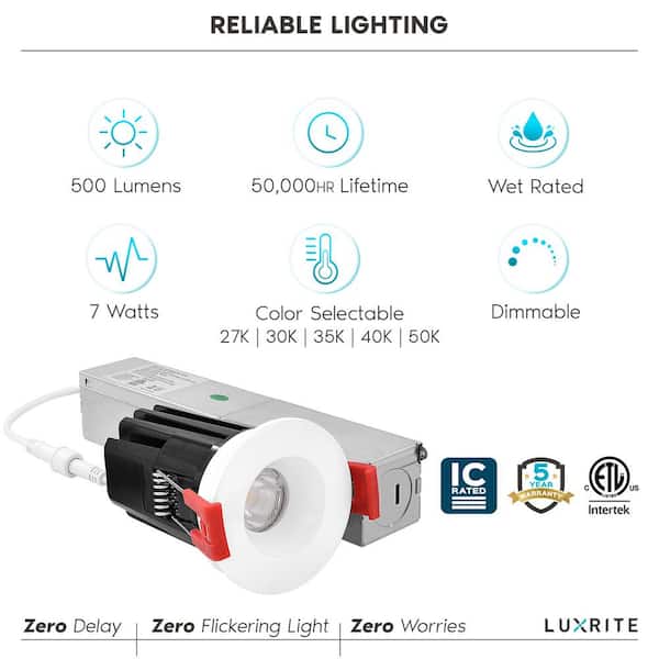 1 in. LED Recessed Light J-Box 7-Watt 5 Color Selectable 2700K-5000K 500 Lumens Dimmable Wet Rated IC Rated