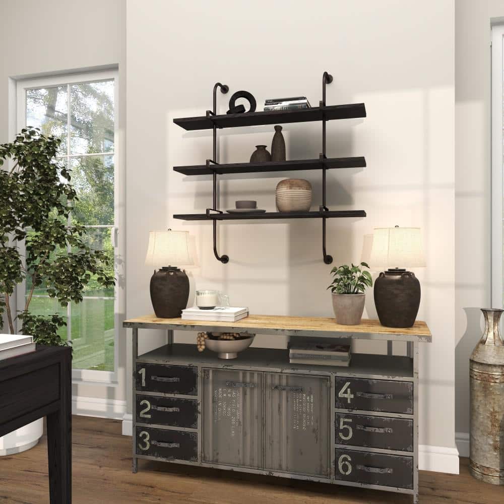 Sleek Gray 38" Industrial Wood Floating Wall Shelf