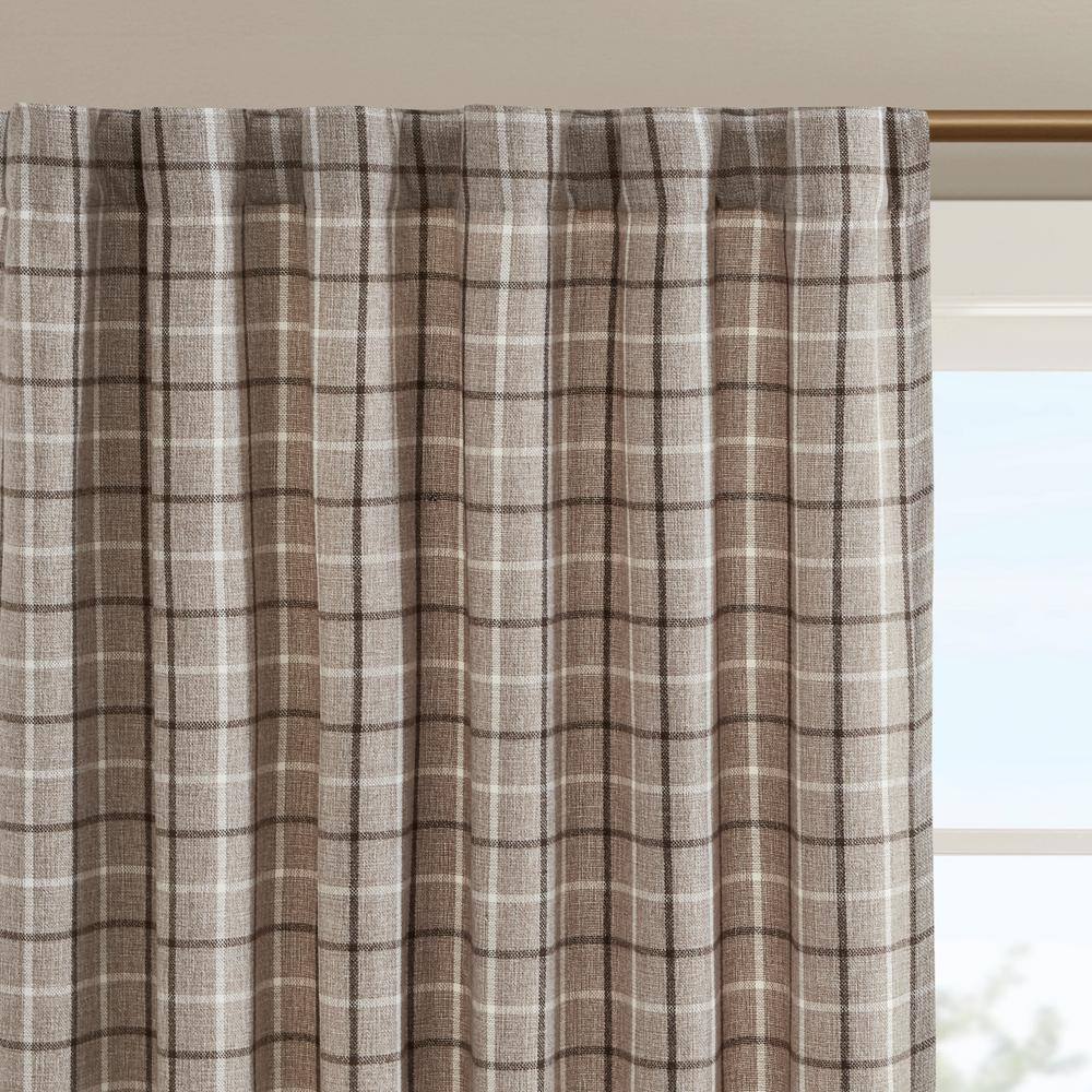 Greige Plaid Light-Filtering Polyester Drapes with Fleece Lining