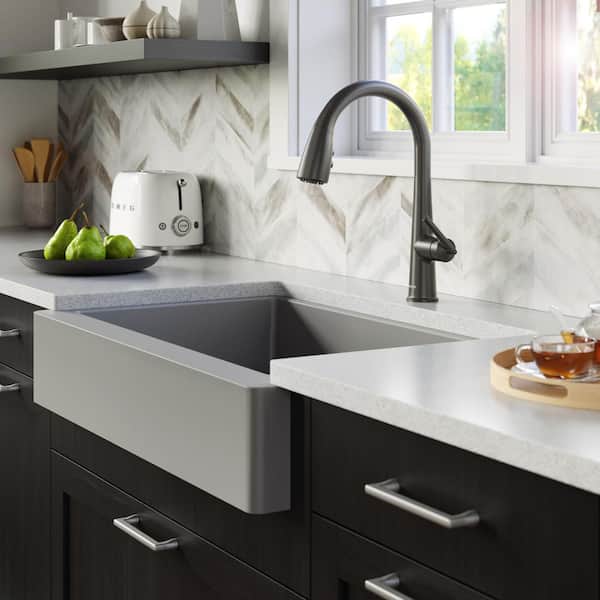 Retrofit Farmhouse Apron Front Quartz/Granite Composite 34 in. Double Bowl Kitchen Sink in Grey