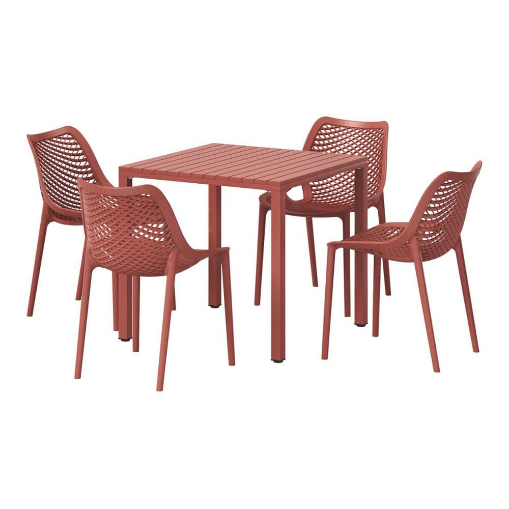 Frond and Form Outdoor Patio Modern 5-Piece Dining Set w/ Square Metal Frame Table and Stackable Plastic Chairs, Red