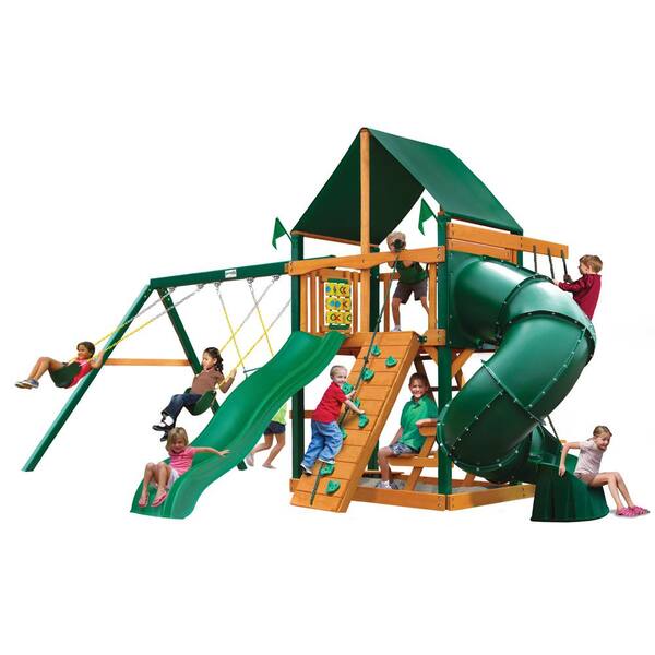 Gorilla Playsets Mountaineer Wooden Swing Set with Sunbrella Canvas Canopy, Timber Shield Posts and 2-Slides