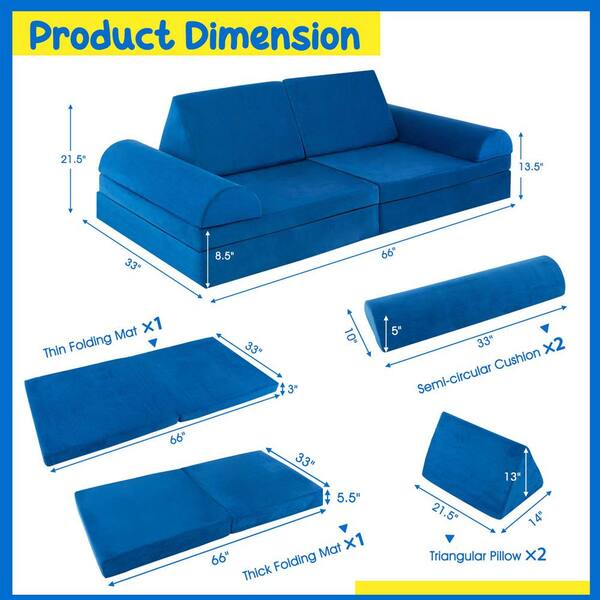 Costway 66 in. Rolled Arm 8-piece Suede Sponge Modular Kids
