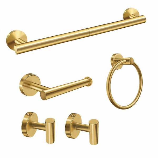 5-Piece Stainless Steel Bath Hardware Set with Mounting Hardware in Brushed Gold, 24 in. Bath Towel Bar, Wall Mounted