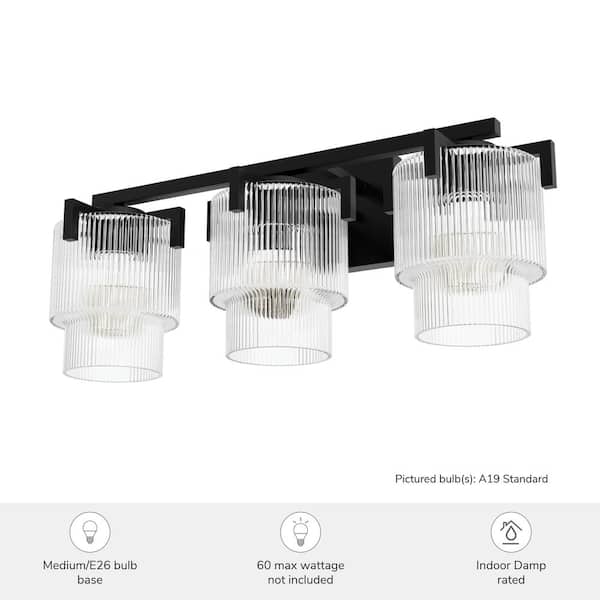 Hunter - Ontario 24.25 in. 3-Light Matte Black Vanity Light with Clear Ribbed Glass Shades