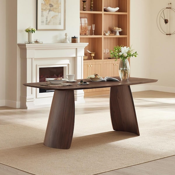 Vincent Walnut 71 in. Trestle Base Dining Table Seat 4-6 w/Self-Leveling Feet Premium Walnut Veneer Rounded Corners
