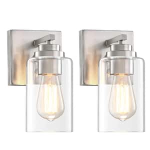 9.1 in. 2-Piece Wall Light Square Brushed Nickle Base 2-Light Wall Sconce with Clear Glass Shades (Set of 2)