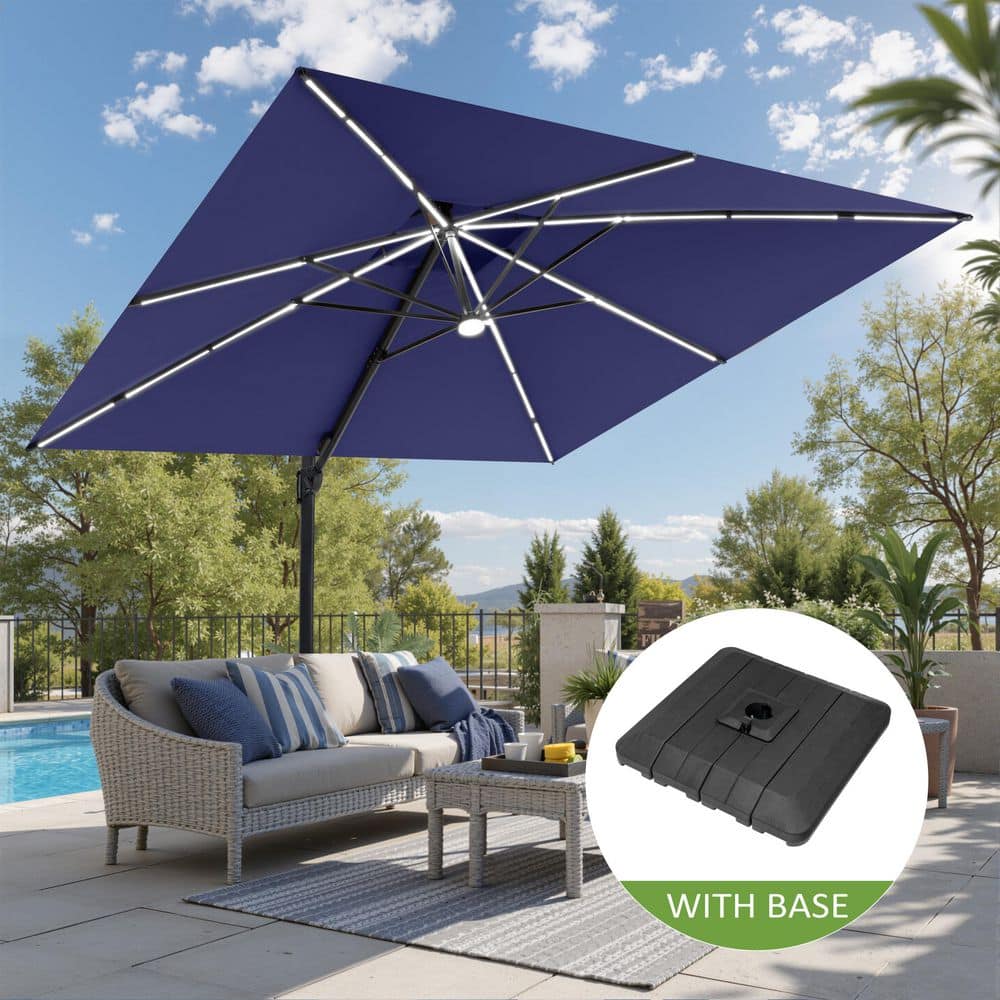 acme patio umbrella Pellebant 11 ft. Square Solar LED Patio Umbrella Dual Top Windproof 360°  Swivel Cantilever Offset Umbrella with Base in Navy Blue PU107LNAVUB033