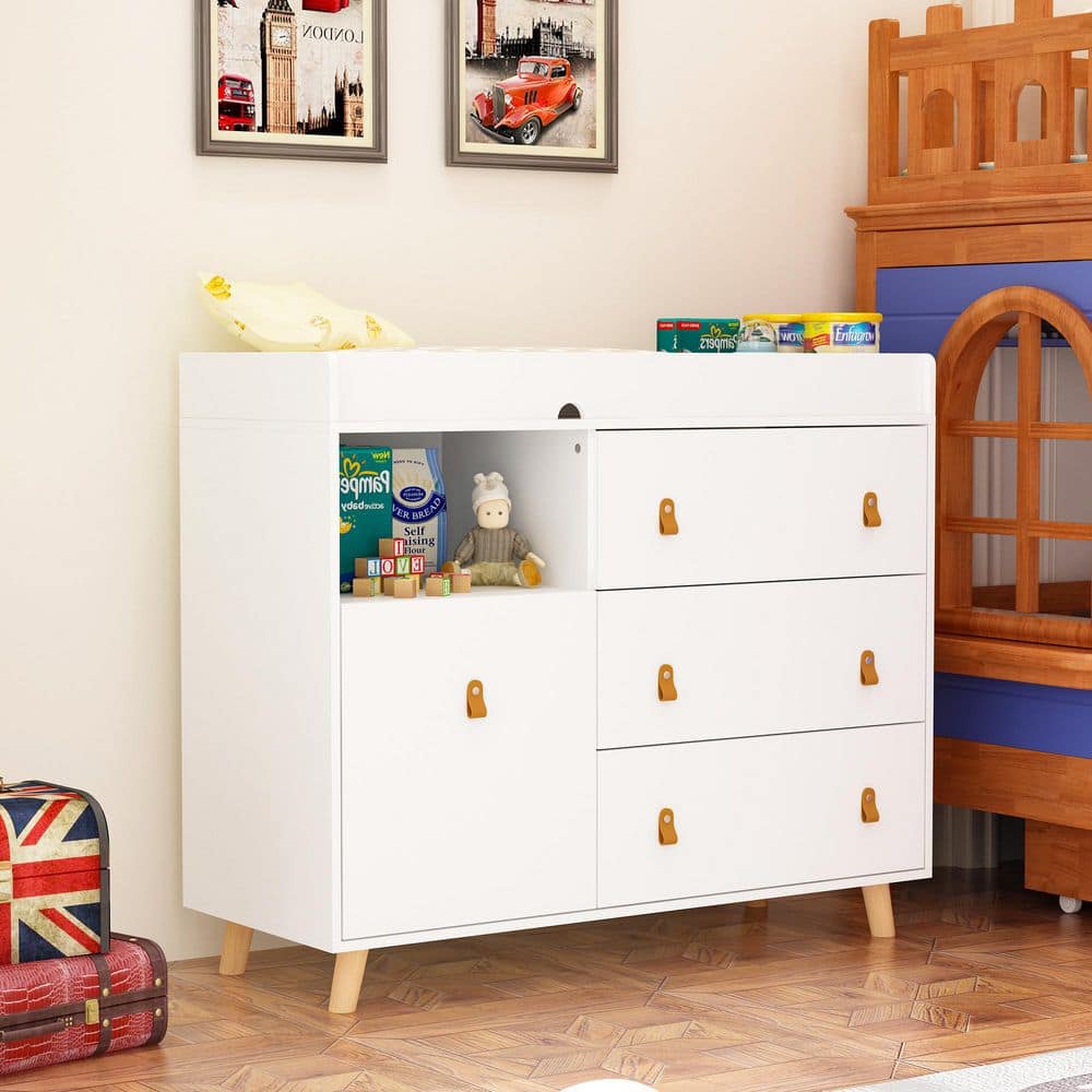 FUFU&GAGA 4-Drawer White Wood 44.9 in. W Kids Low Dresser Storage