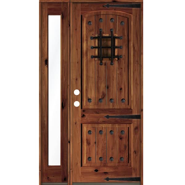 Krosswood Doors 62 in. x 96 in. Mediterranean Knotty Alder Right-Hand/Inswing Clear Glass Red Chestnut Stain Wood Prehung Front Door