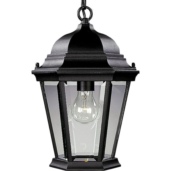 Progress Lighting Welbourne Collection 1-Light Textured Black Clear Beveled Glass Traditional Outdoor Hanging Lantern Light