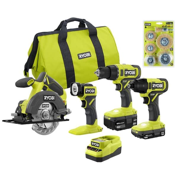 ONE+ 18V Cordless 4-Tool Combo Kit with 1.5 Ah Battery, 4.0 Ah Battery, Charger, and Wire Wheel Assortment Set (6-Piece)