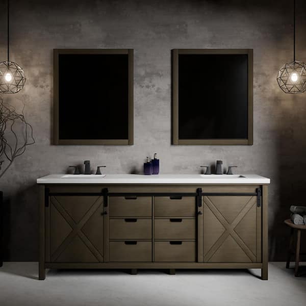 Marsyas 80 in W x 22 in D Rustic Brown Double Bath Vanity, White Quartz Countertop, Faucet Set and 30 in Mirrors