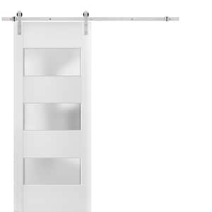 24 in. x 84 in. 3 Lites Frosted Glass White Finished Pine Wood Sliding Barn Door with Hardware Kit