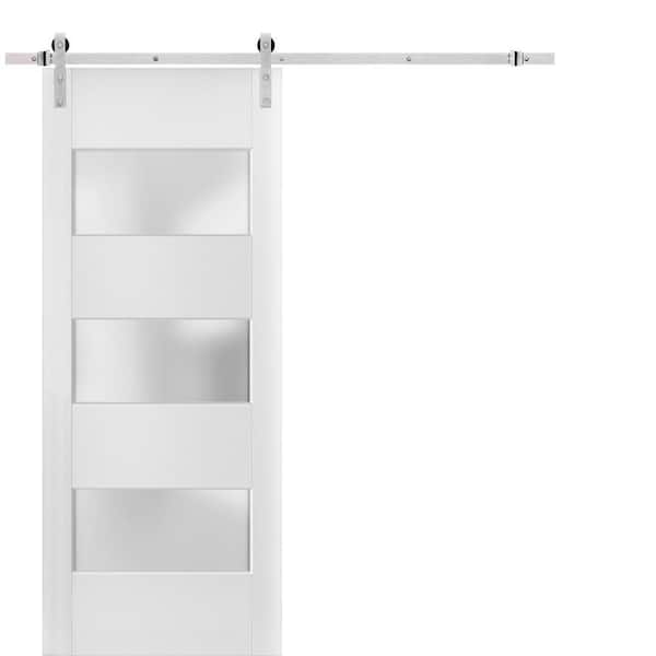 24 in. x 96 in. 3 Lites Frosted Glass White Finished Pine Wood Sliding Barn Door with Hardware Kit