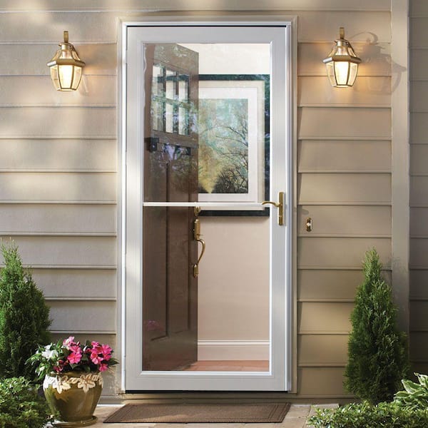 3000 Series 36 in. x 80 in. White Right-Hand Retractable Aluminum Storm Door with Brass Hardware