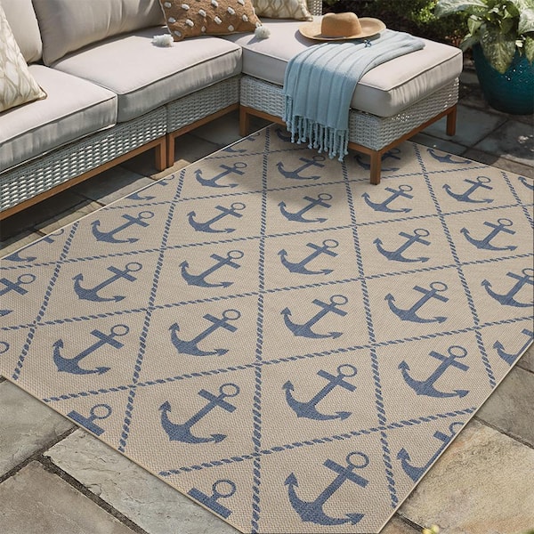 Flatweave Royal Blue Anchor 8 ft. x 10 ft. Indoor/Outdoor Area Rug