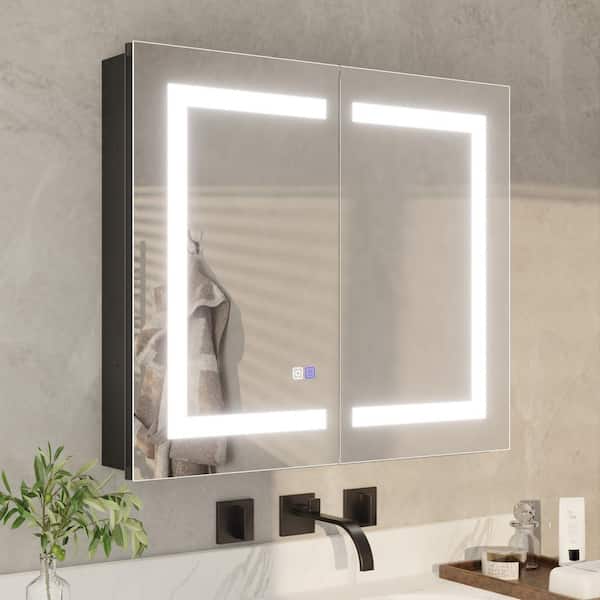 ExBrite 30 in. W x 26 in. H Rectangular Silver Aluminum Recessed/Surface Mount Dimmable Medicine Cabinet with Mirror LED