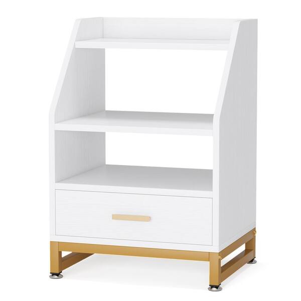 BYBLIGHT Fenley 1-Drawer White and Gold Nightstand (19.69"D x 15.74"W x 29.53"H) Modern Night Stands Bedside Table for Bedroom