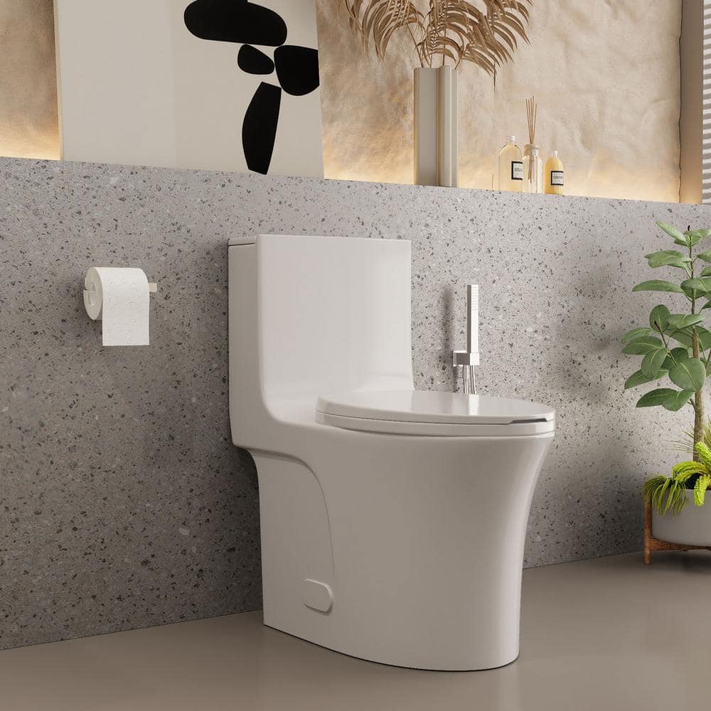 Glossy White Ceramic Dual Flush Elongated One-Piece Toilet
