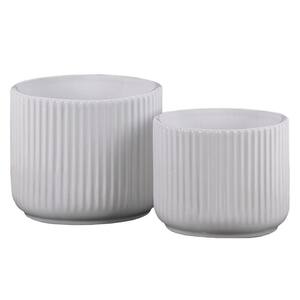 6 in. Dia Glossy White Ribbed Patterned Ceramic Pot with Tapered Bottom (Set of 2)