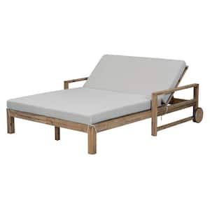 1-Piece Wooden Outdoor Day Bed Sunbed with Gray Cushions