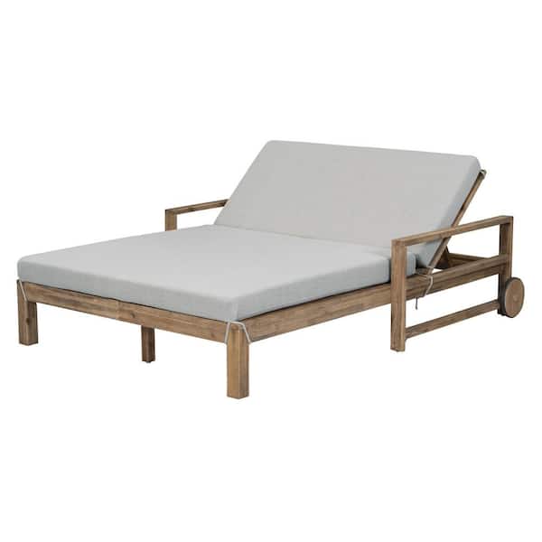 Nestfair 1-Piece Wooden Outdoor Day Bed Sunbed with Gray Cushions