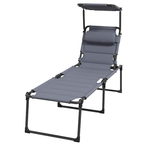 Unbranded Grey Outdoor Lounge Chair, Adjustable Backrest Folding Chaise Lounge with Sunshade Roof for Beach, Camping, Hiking