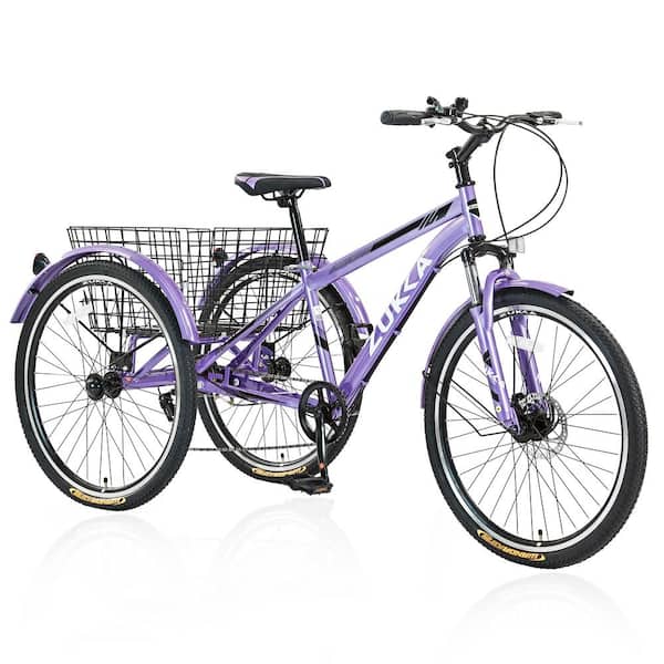 Unbranded 26 in. Adult Trike 7-Speed Mountain Tricycle with Large Shopping Basket and Widen Saddle Purple