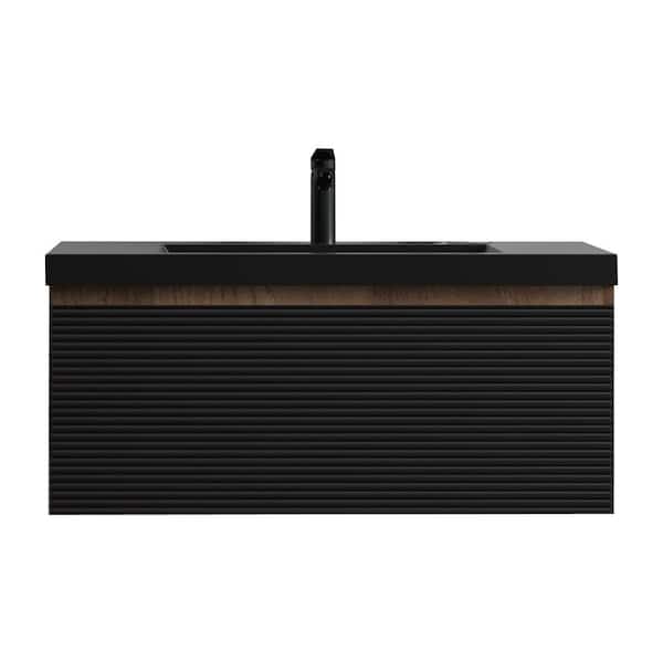 Crius 36 in. Single Ink Black Bath Vanity Wall-mounted Floating Vanities with Matte Black Resin Stone Top 1-Drawer