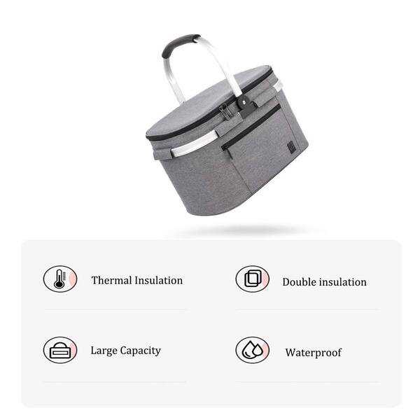 Numhew 15 in. Gray Portable Collapsible Polyester Picnic Basket