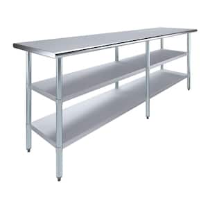 24 in. x 96 in. Stainless Steel Kitchen Utility Table with 2 Adjustable Shelves : Metal Prep Table