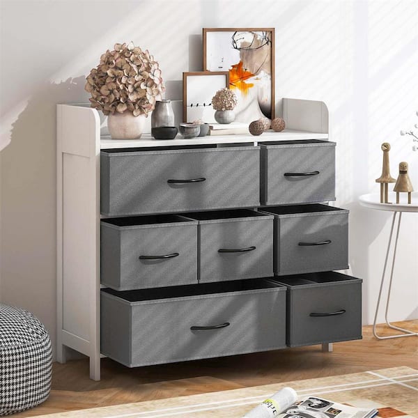 White 7-Drawer 31.5 in. Dresser for Bedroom with 2 Large Fabric Bins