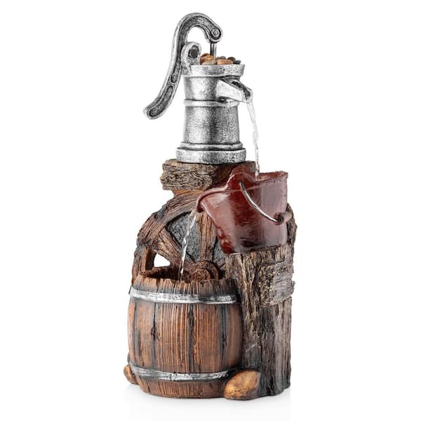 24 in. H Tall Outdoor Tiered Barrel Floor Water Fountain with Vintage Pump, Brown