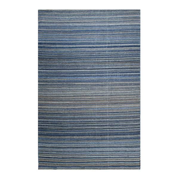EORC Blue 5 ft. x 8 ft. Handmade Polyester Contemporary Indoor/Outdoor Stripes Rug Area Rug