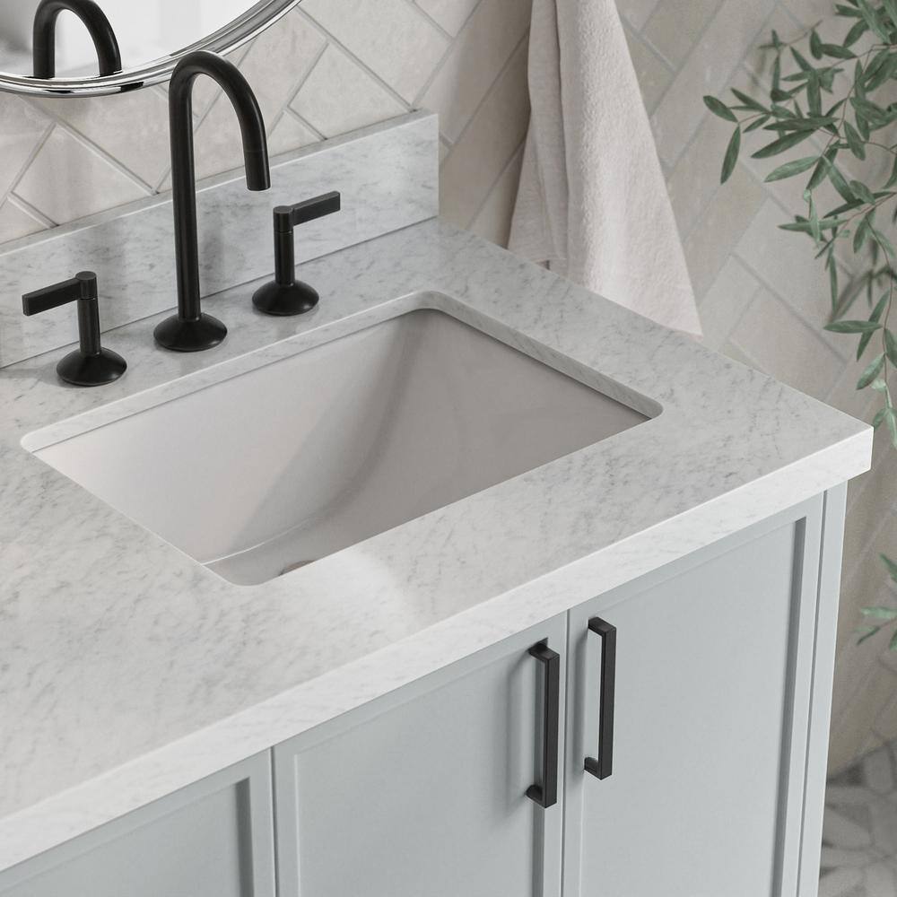Gray Wood Double Sink Freestanding Vanity with Carrara Marble Top