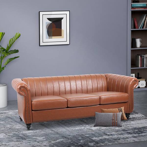 Angel Sar 84 In Wide Round Arm Faux, Leather Sofa Sprayers