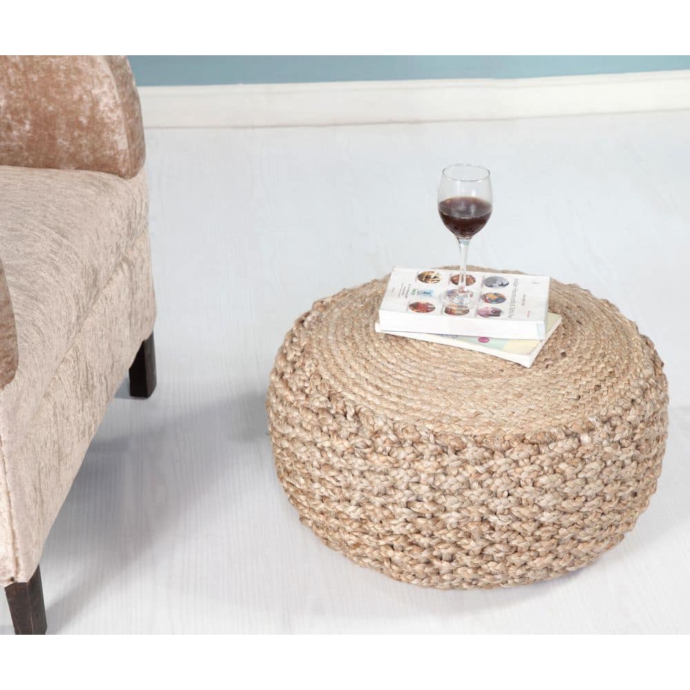 Natural Jute Round Pouf with Braided Design, 20"