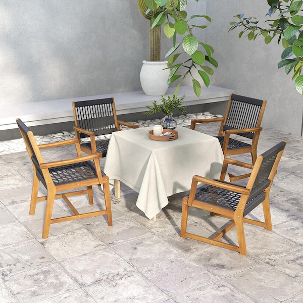 Gymax Patio Acacia Wood Dining Chairs All-Weather Rope Woven