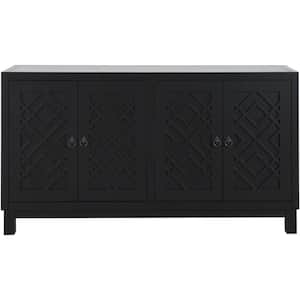 60.00 in. W x 15.70 in. D x 32.00 in. H Black Linen Cabinet, 4 Door Buffet Cabinet with Pull Ring Handles