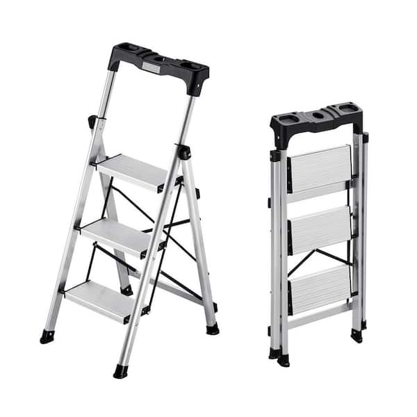3 Step Ladder, Folding Step Stool with Wide Anti-Slip Pedal and Comfort Handgrip, 330 lbs. Aluminum Stepladder, Silver